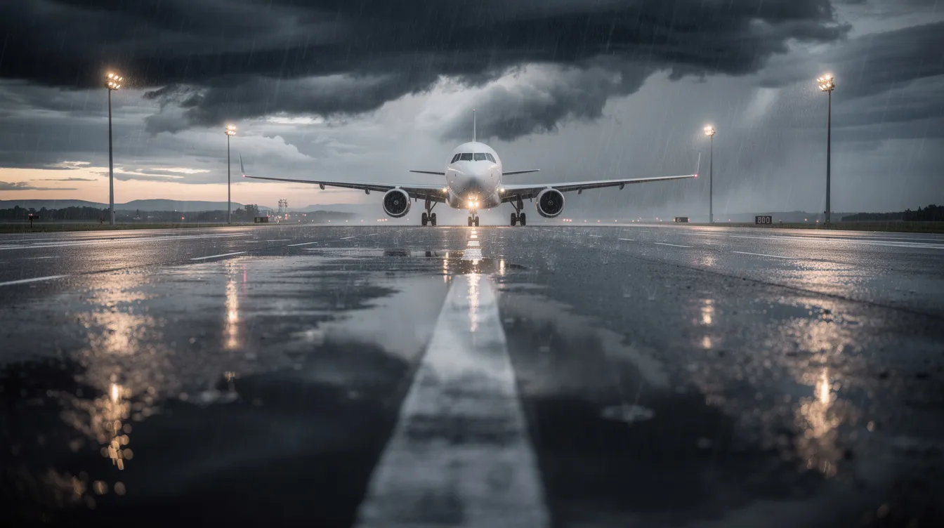 A rain-soaked airport runway stretches out under dark storm clouds, highlighting the weather challenges in aviation that can lead to serious incidents and air disasters. This scene serves as a reminder of the potential risks faced by flight crews and aircraft during takeoff and landing.