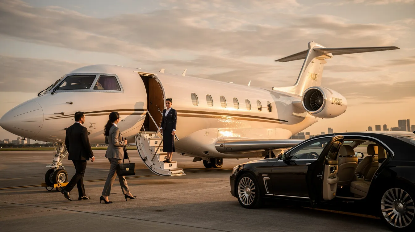The image depicts a luxurious private jet ready for takeoff, symbolizing the exclusive benefits of private aviation. It highlights the convenience of jet membership programs, offering guaranteed access to a fleet of aircraft operated by experienced pilots for seamless travel experiences.