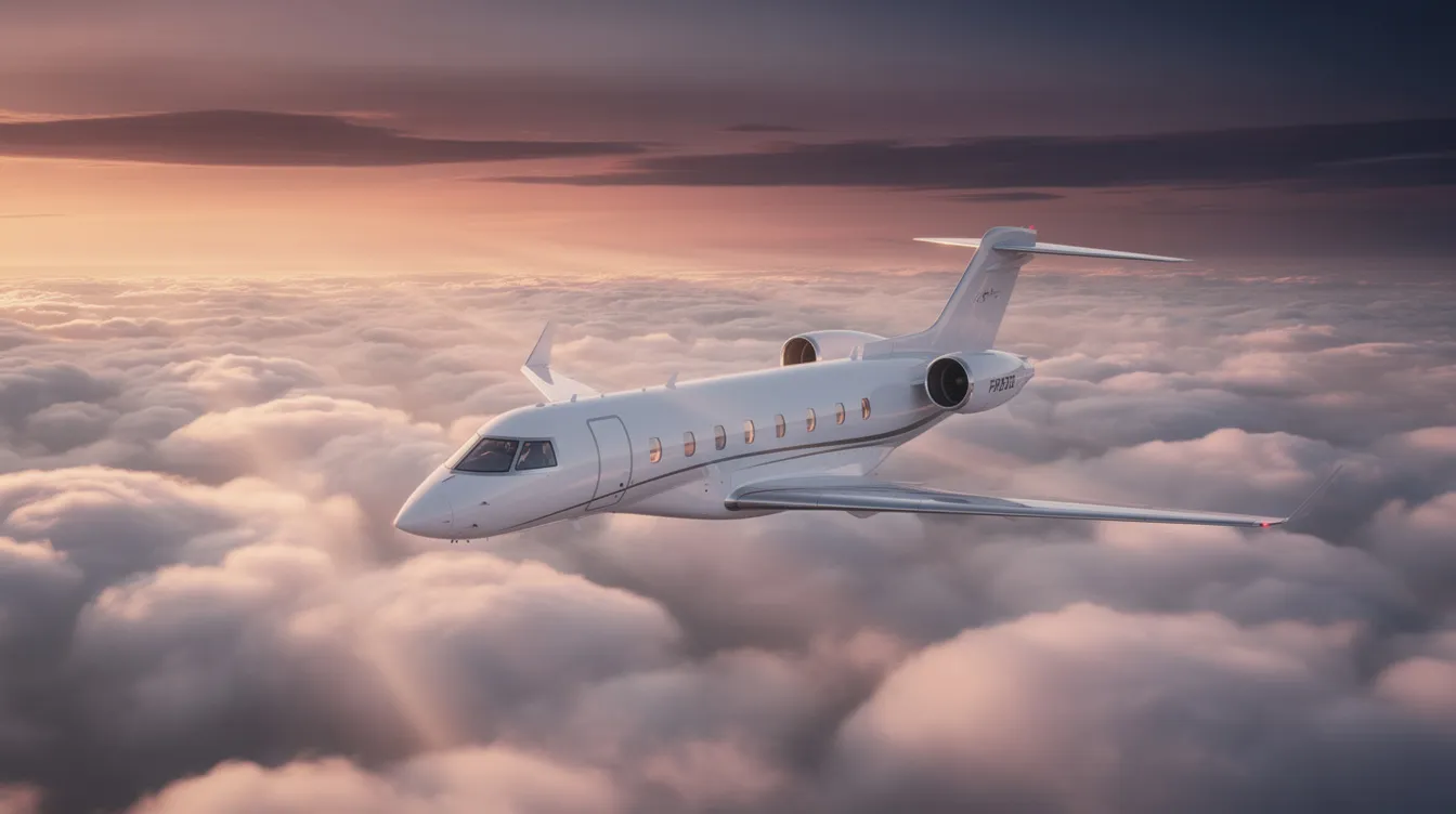 A sleek private jet soars above a sea of clouds, illuminated by the warm hues of a sunset in the background, symbolizing the ultimate comfort and elegance of private aviation. This stunning view captures the essence of luxury travel, perfect for leisure travelers heading to destinations like Cabo San Lucas or Mexico City.