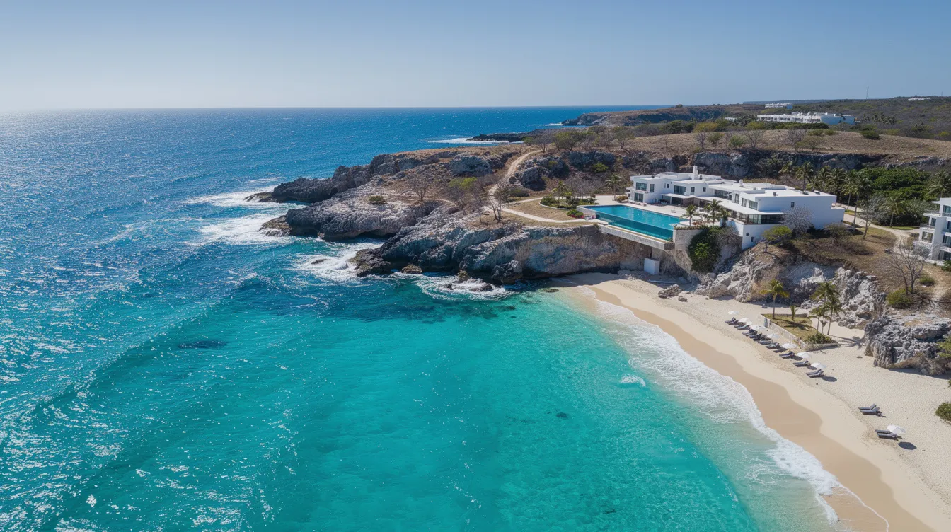 An aerial view captures the stunning turquoise waters and rugged rocky coastline of a Mexican beach resort, showcasing the natural beauty of the destination. This picturesque scene reflects the allure of leisure travelers seeking ultimate comfort and relaxation in Mexico's vibrant coastal region.