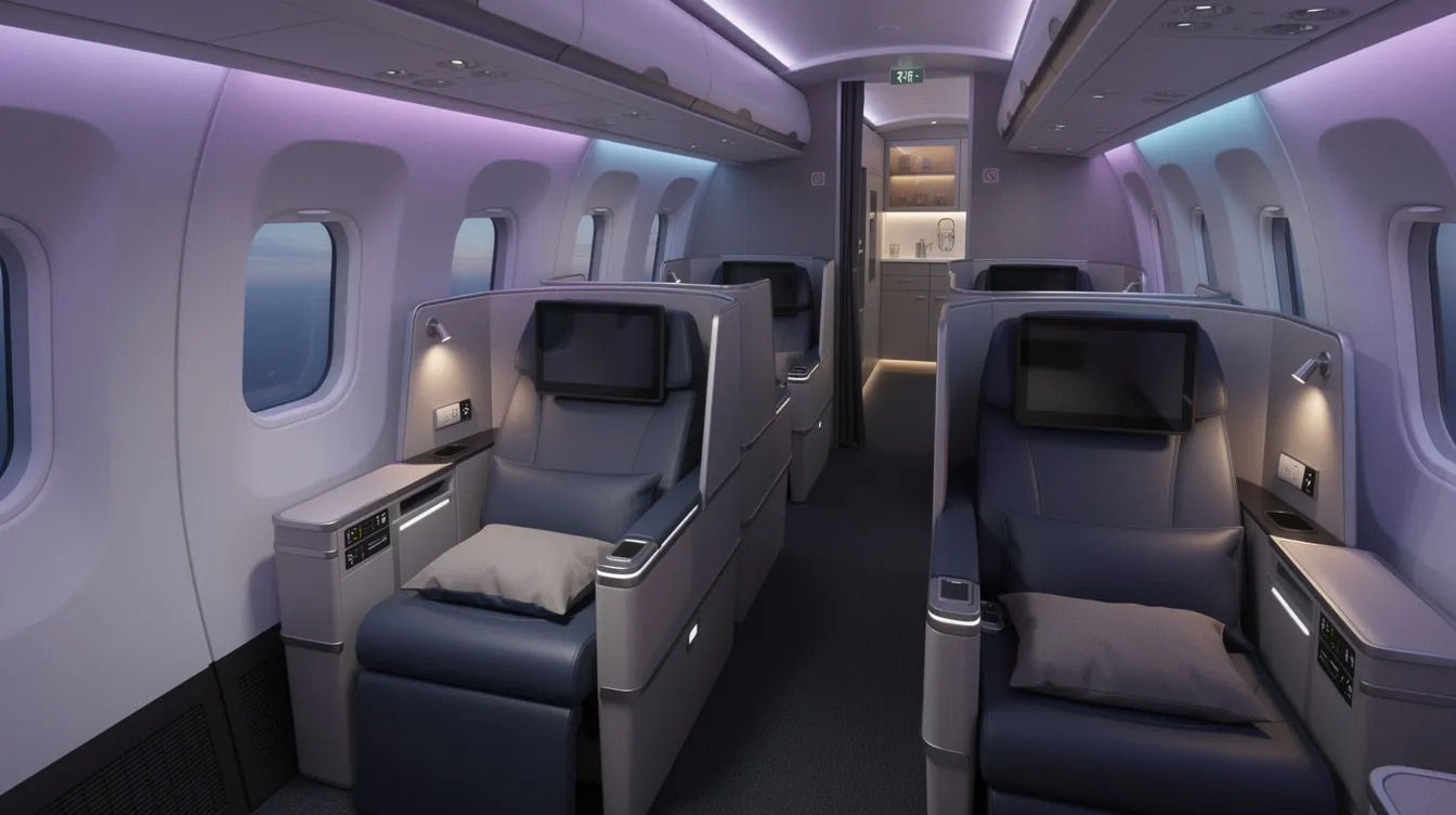 The image depicts the interior of a commercial aircraft's business class cabin, featuring lie flat seats with mood lighting, designed for passenger comfort on long haul routes. The modern layout showcases wide body aircraft elements, ideal for transcontinental and transatlantic flights, with a focus on luxury and convenience.