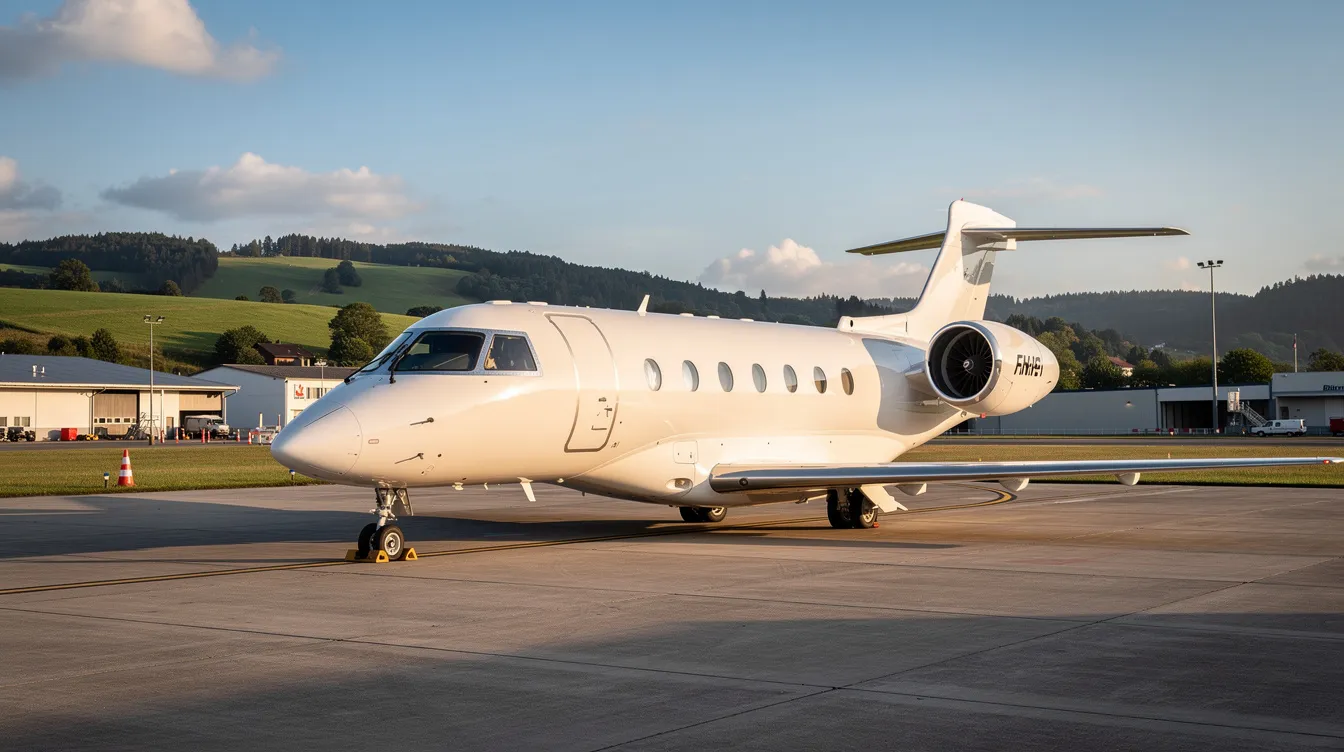 A sleek white private jet is parked on a runway apron at a small airport, with lush green hills in the background, showcasing a modern aircraft designed for comfort and efficiency. The scene captures the essence of luxury travel, reminiscent of premium economy offerings on long haul routes.