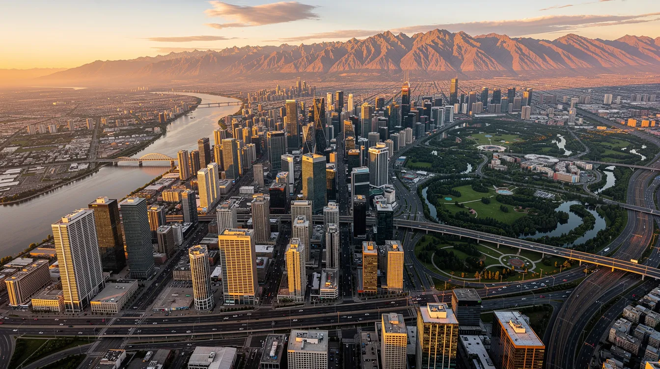 An aerial view captures a sprawling city skyline at golden hour, with warm golden light illuminating the buildings, while majestic mountains rise in the background, creating a stunning contrast. This picturesque scene showcases the vibrant urban landscape, reminiscent of cities like San Francisco or Los Angeles, where travelers might embark on long-haul routes or transcontinental flights.