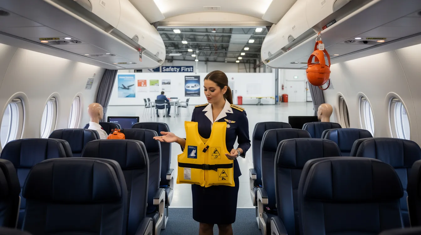 A female flight attendant is demonstrating emergency equipment inside a training facility, standing next to a detailed aircraft cabin mockup. She is explaining passenger safety procedures to a group, emphasizing her primary job of reassuring all the passengers during a flight.