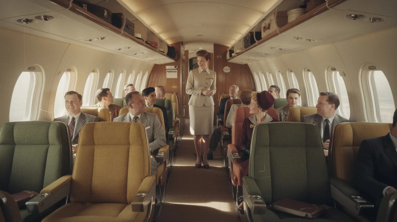 The image depicts a vintage 1960s airplane cabin interior, showcasing rows of passengers seated comfortably, with natural light streaming through oval windows. The scene captures the essence of air travel from that era, highlighting the cabin crew's role in ensuring passenger safety and comfort during the flight.