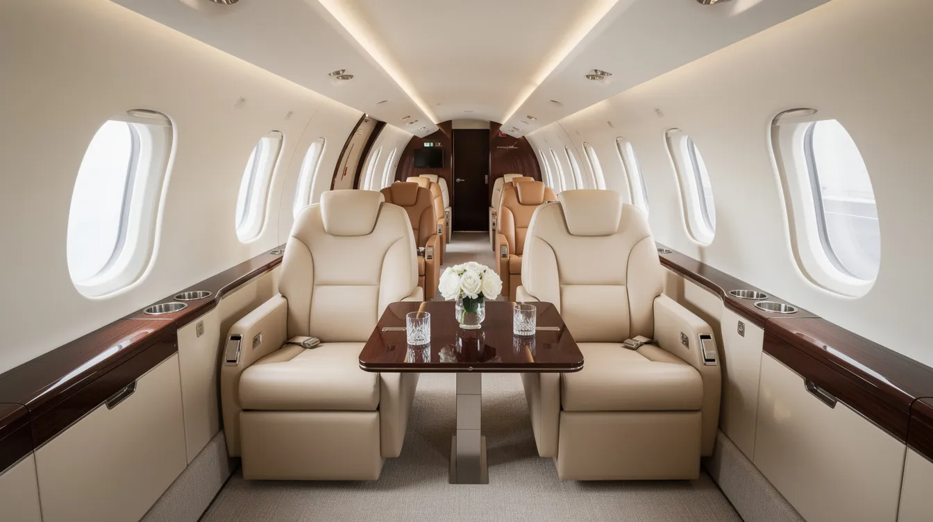 The image showcases the interior of a spacious business jet cabin featuring luxurious leather seats arranged in a club configuration, ideal for private jet charter travelers seeking comfort and style. This elegant setting emphasizes the exclusivity of private aviation, making it perfect for passengers flying to or from Manchester Airport or Liverpool John Lennon Airport.