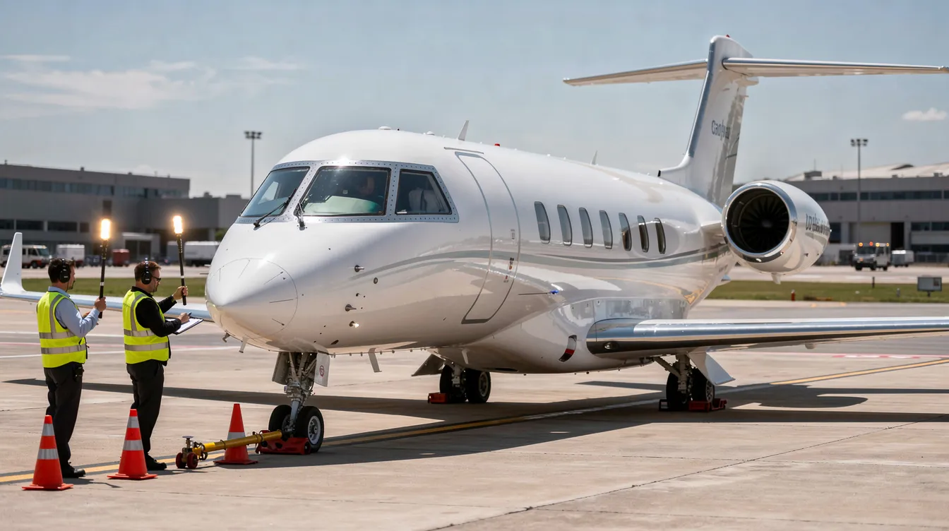 A sleek private jet is parked on the tarmac at Manchester Airport, with ground crew members nearby preparing for its next flight. This scene captures the essence of private aviation, showcasing the luxury and efficiency of private jet charters.