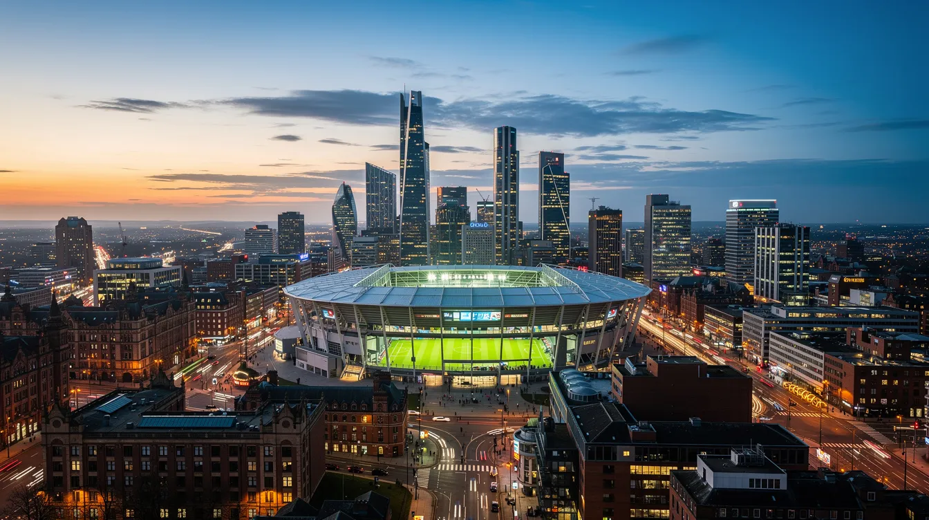 The image showcases the Manchester city skyline at dusk, with the Etihad Stadium prominently visible in the foreground, illuminated against the evening sky. This scene captures the vibrant atmosphere of Manchester, a city known for its rich football culture and private jet charter services.