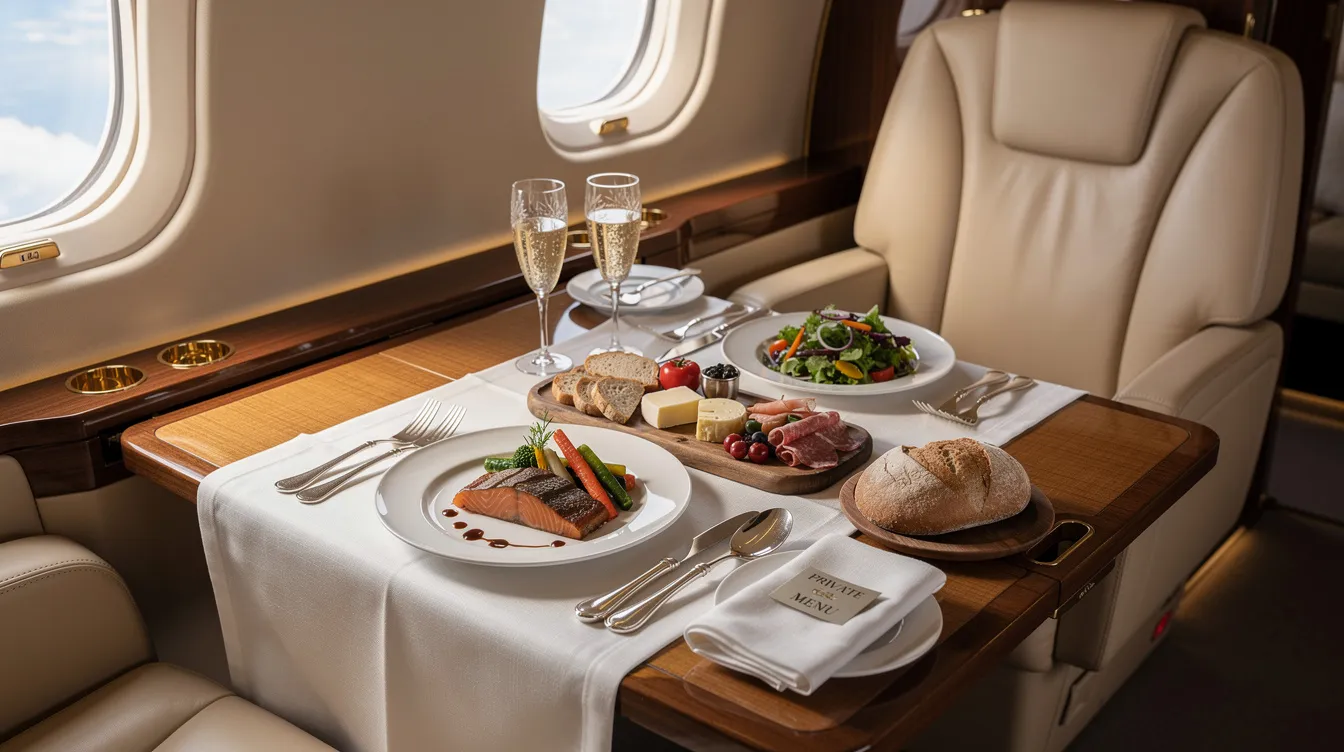 The image showcases a beautifully arranged in-flight meal service for Delta Air Lines, featuring a gourmet fruit and cheese plate alongside a selection of premium entrees like braised lamb and chicken. This dining experience is designed for passengers in the Delta Premium Select and Delta One cabins, highlighting the airline's commitment to accommodating dietary restrictions with options such as dairy-free sorbet and a diverse wine list.