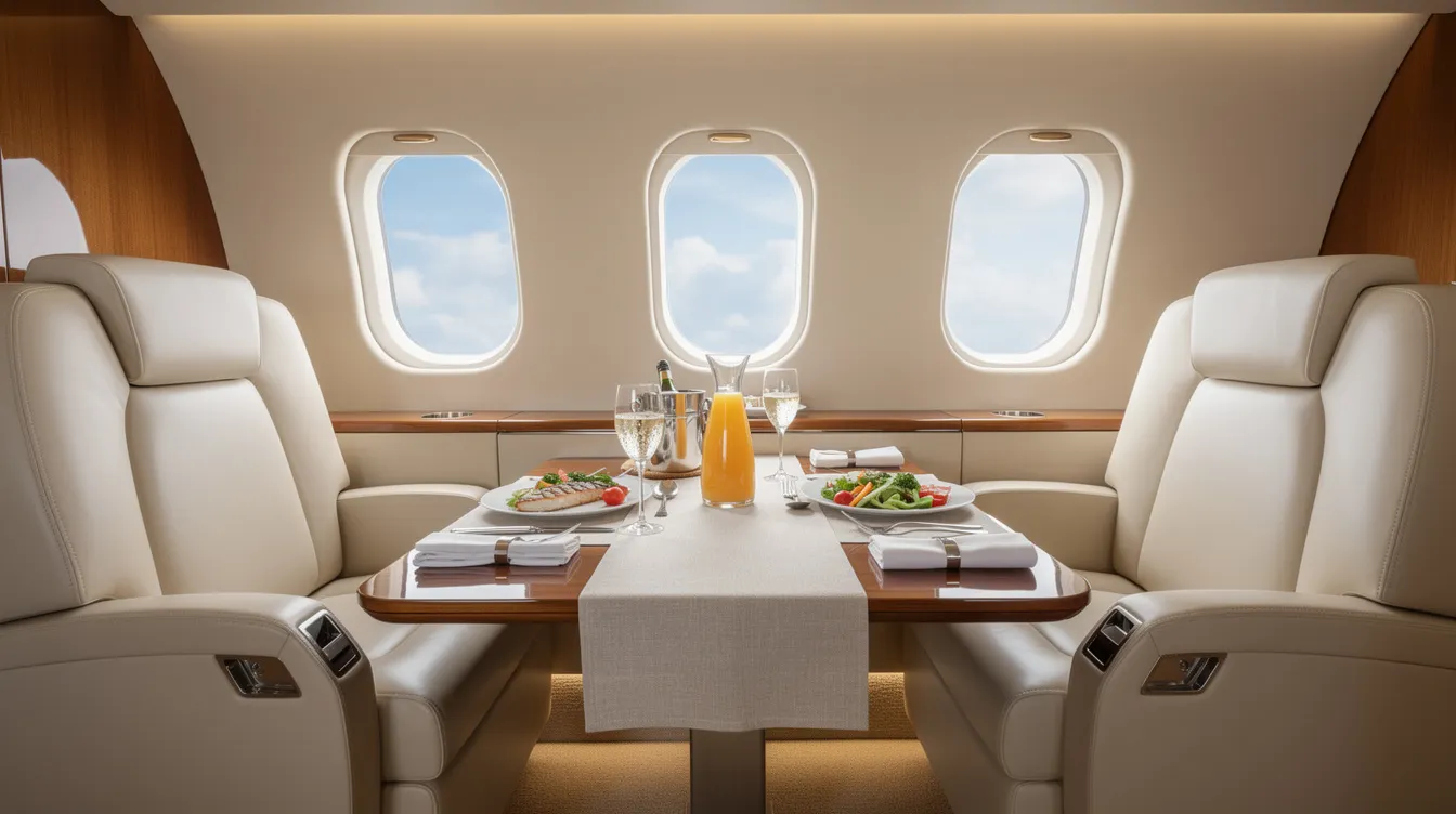 The image depicts the interior of a luxurious private jet cabin featuring a small dining table elegantly set with a fruit and cheese plate, drinks, and a selection of dishes, creating a refined dining experience for passengers. This premium cabin atmosphere reflects the high standards of meal service typically associated with Delta Air Lines' international flights.