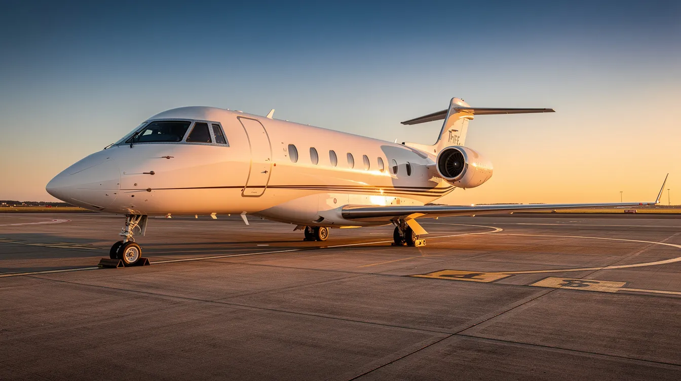 A sleek private jet is parked on a tarmac during a vibrant sunset, with a clear sky providing a stunning backdrop. This luxurious aircraft represents the ultimate in travel, offering an experience far beyond basic economy fares.