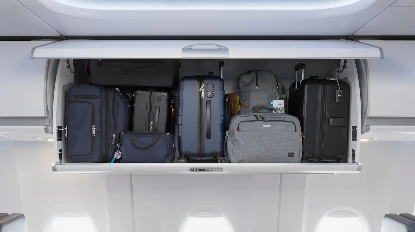 The image depicts an overhead luggage compartment inside an airplane, filled with various bags packed tightly together, showcasing the limited space available for carry-on items. This scene is typical for passengers flying Delta's basic economy fare, where overhead space can be a challenge for those with a personal item and a carry-on bag.