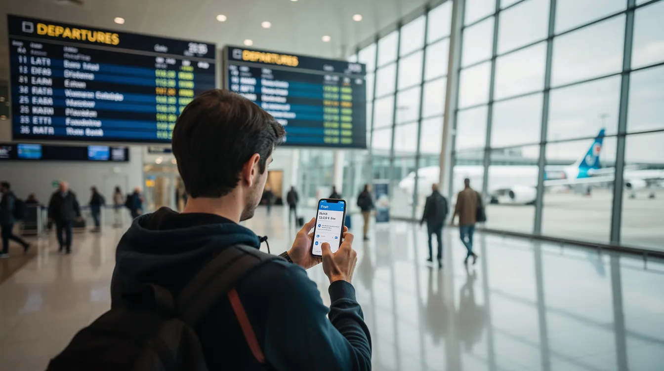A traveler is intently looking at a smartphone screen in an airport terminal, with departure boards displaying flight information in the background. The scene captures the anticipation of flying Delta, possibly on a basic economy fare, as they prepare for their upcoming flight.