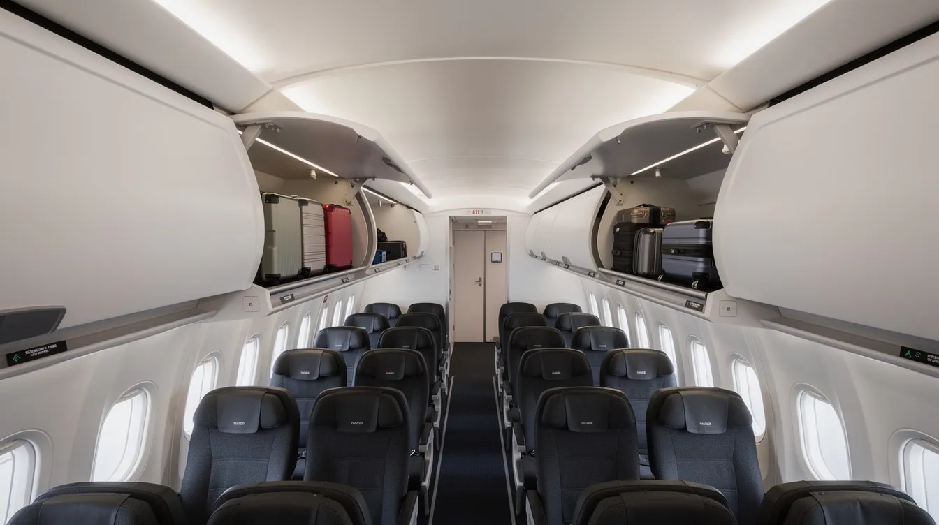 The image shows overhead luggage bins inside a commercial aircraft cabin, designed to accommodate carry-on bags for passengers, including those in Delta premium select and basic economy classes. The bins are typically used during the boarding process, allowing travelers to securely store their belongings as they prepare for their Delta flights.
