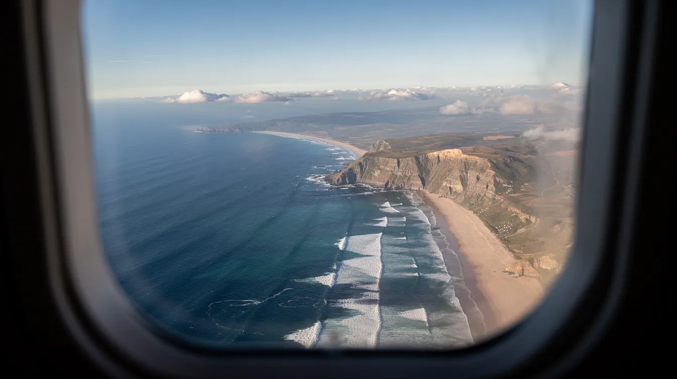 An aerial view from an aircraft window showcases a stunning coastline at cruise altitude, with waves gently lapping against the shore and a clear sky above. This image captures the essence of travel, evoking thoughts of flight distance and the anticipation of reaching a destination.