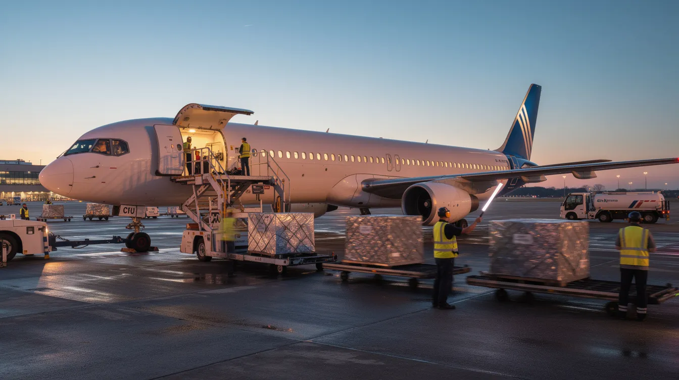 A cargo-configured Boeing 757 is being loaded with containers at an airport, with ground crew members visible working near the fuselage. This narrow-body aircraft is designed for efficient cargo operations, showcasing its versatility in commercial service.