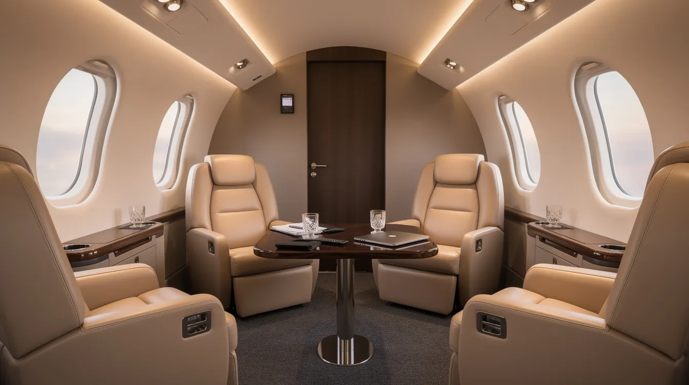 The image depicts the interior of a VIP-configured Boeing 757 cabin, featuring wide leather seats arranged in a lounge layout, complemented by soft lighting and a small meeting table, creating a luxurious atmosphere for intercontinental travel. This elegant design highlights the aircraft's versatility and comfort for passengers on long-haul flights.