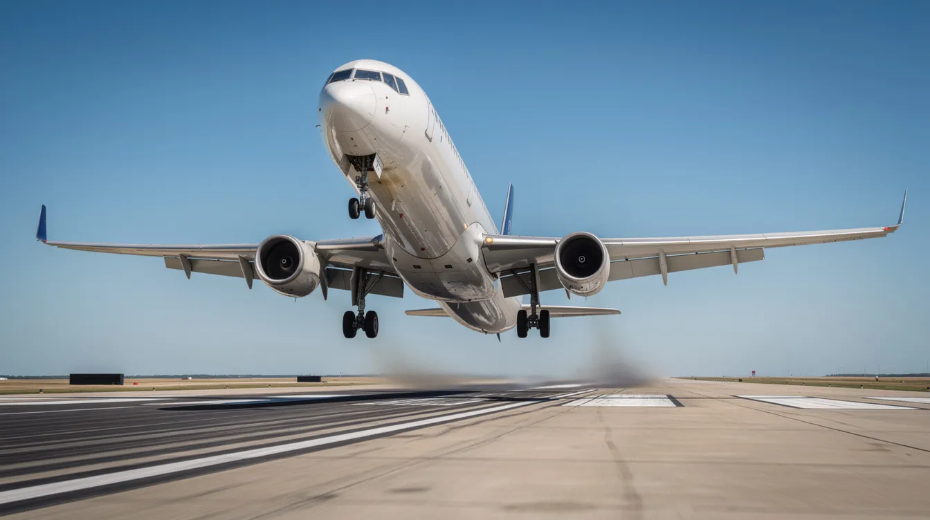 A Boeing 757 is captured in the moment of takeoff, its nose pitched steeply upward against a backdrop of a clear blue sky, with the runway visible below. This narrow-body aircraft, known for its versatility and improved fuel efficiency, is designed to fly intercontinental routes, making it a popular choice among many airlines.