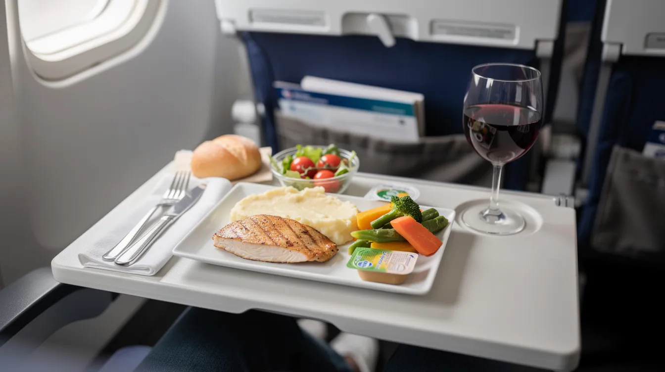 A meal tray featuring a beautifully plated dish and a glass of complimentary wine rests on a fold-down table in an airplane, showcasing the elevated dining experience typical of Delta Premium Select seats. The setting highlights the comfort and premium service offered during long haul flights.