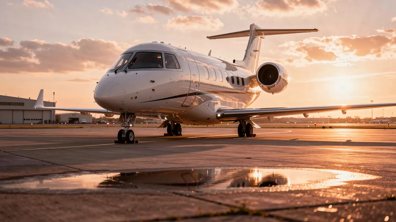 A small private jet is parked on the airport tarmac during a stunning golden hour sunset, casting warm hues across the scene. The jet's sleek design and luxurious appearance suggest a premium cabin experience, reminiscent of delta premium select, ideal for long haul flights.
