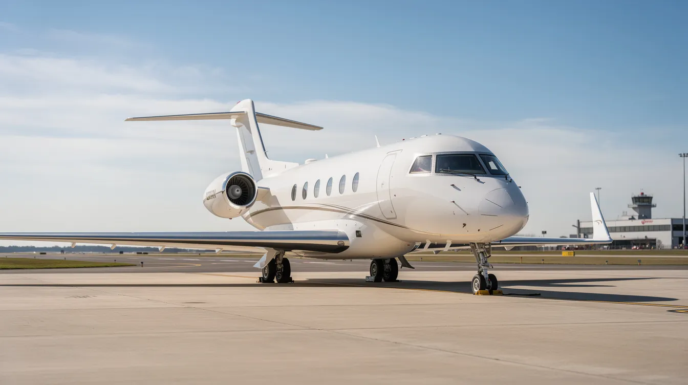 A sleek private jet, resembling a Boeing 787 Dreamliner, is parked on an airport tarmac under a clear blue sky, ready for departure. The aircraft features large windows and a modern design, highlighting its fuel-efficient capabilities and advanced technology.