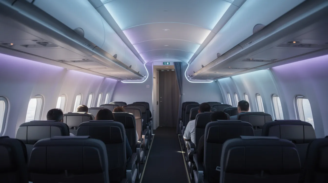 The image depicts the interior of a modern aircraft cabin, featuring soft blue and purple LED lighting along the ceiling, illuminating rows of economy class seats below. This design enhances passenger comfort in the wide body aircraft, such as the Boeing 787 Dreamliner, known for its fuel-efficient technology and lightweight structures.
