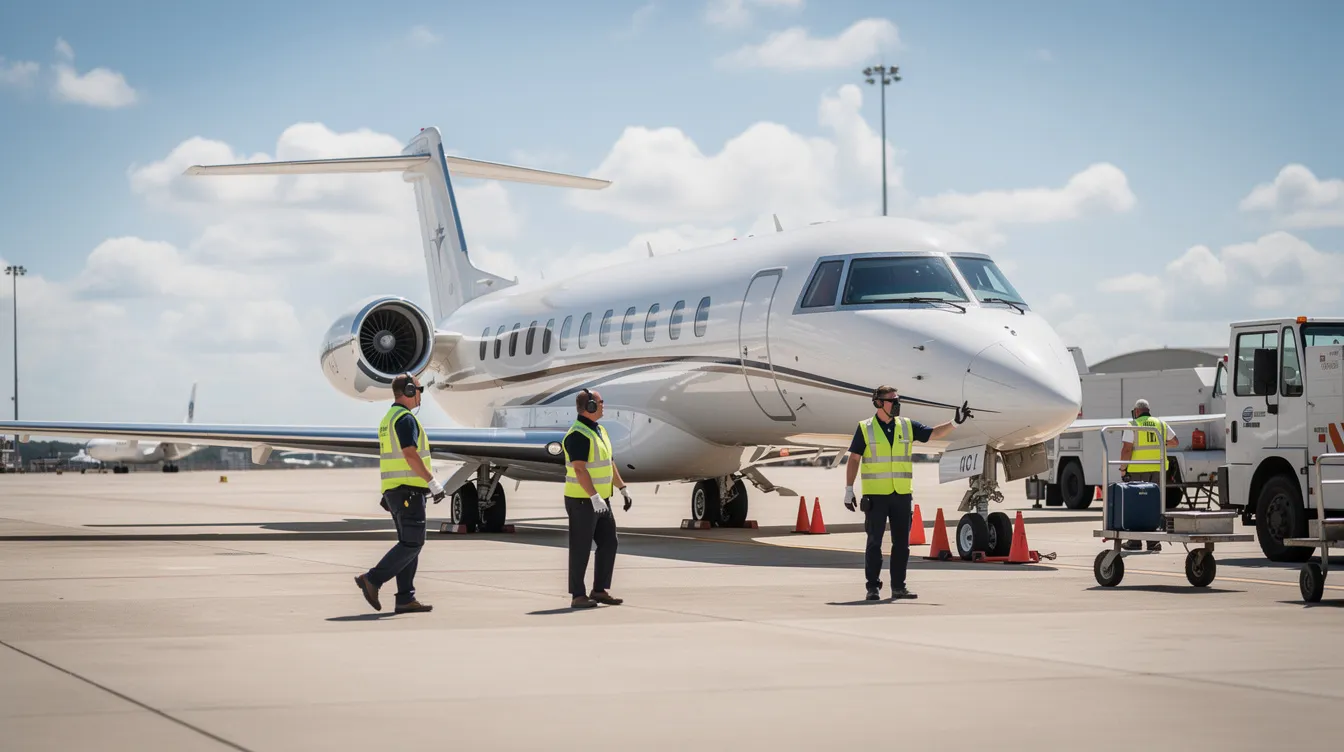 A sleek private jet is parked on the tarmac of Cleveland Hopkins International Airport, with ground crew members nearby preparing for the next flight. The scene is set on a sunny day, showcasing the airport's bustling atmosphere as travelers and aircraft come and go.