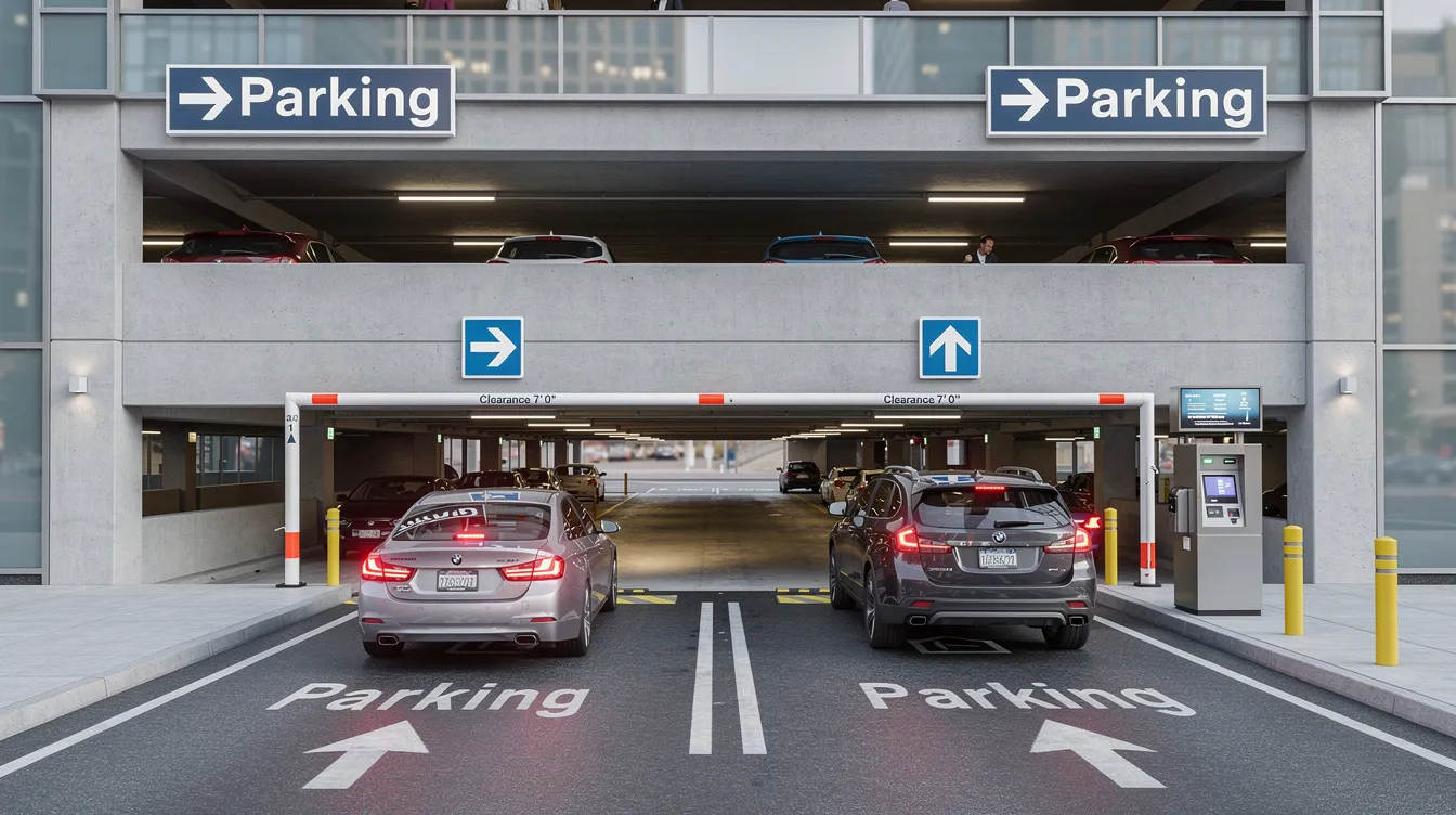 The image shows a modern multi-level parking garage entrance at Cleveland Hopkins International Airport, featuring clear directional signs and several vehicles entering the facility. This busy airport serves as a primary hub for travelers in Northeast Ohio, facilitating access to shuttle services and rental car operations.