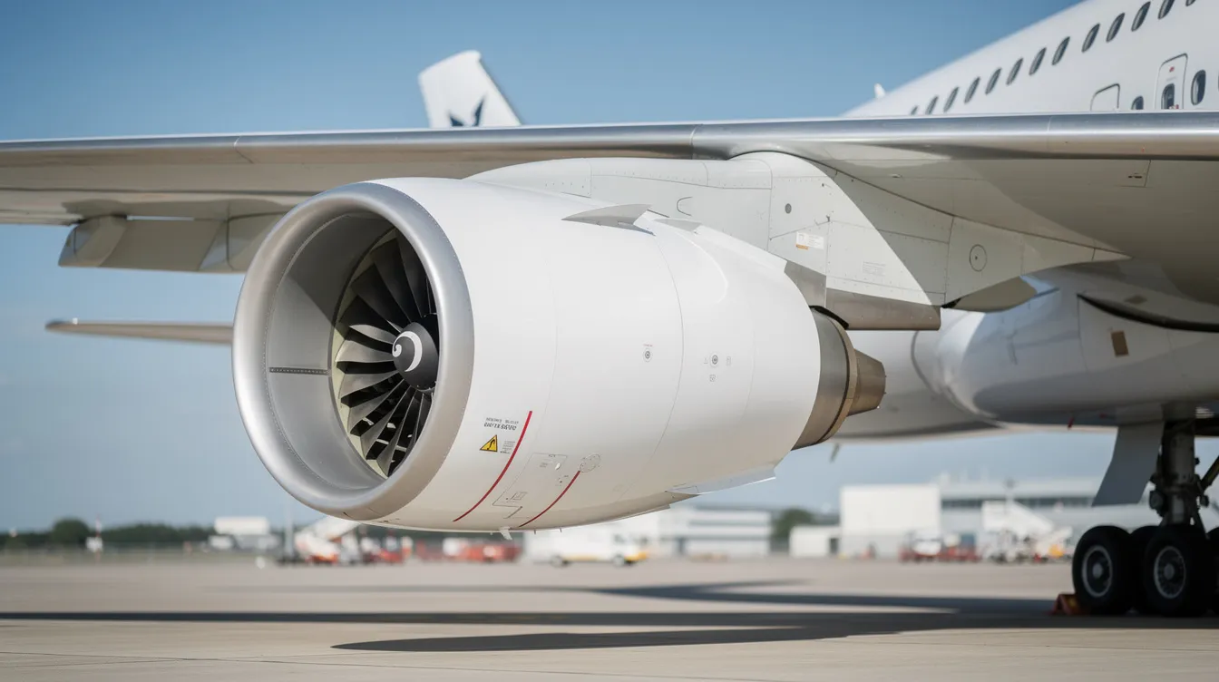 A close-up view showcases a powerful high-bypass turbofan engine mounted on the wing of a Boeing 777-200ER, highlighting its intricate details and engineering design. This large commercial aircraft engine is a key feature for long-range flights, offering efficiency and performance for airlines like British Airways and American Airlines.