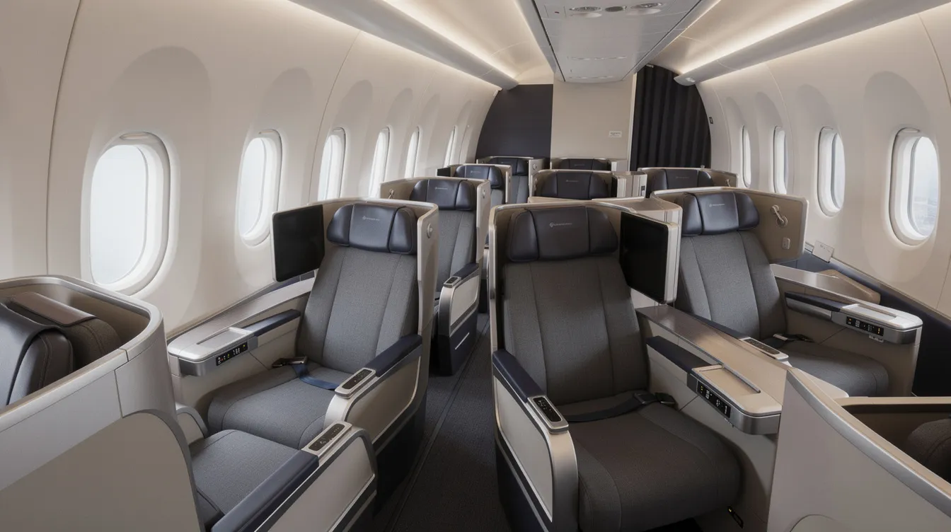 The image depicts the interior of a wide-body aircraft cabin featuring lie-flat business class seats arranged in a herringbone pattern, providing passengers with privacy and comfort. This layout is common in commercial aircraft like the Boeing 777 200ER, enhancing the flying experience for travelers.