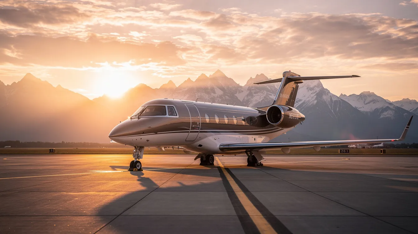 A small private jet is parked on a tarmac during sunset, with a picturesque mountain range in the background. The scene captures the sleek design of the aircraft, highlighting its powerful jet engine and elegant wings against the vibrant colors of the sky.