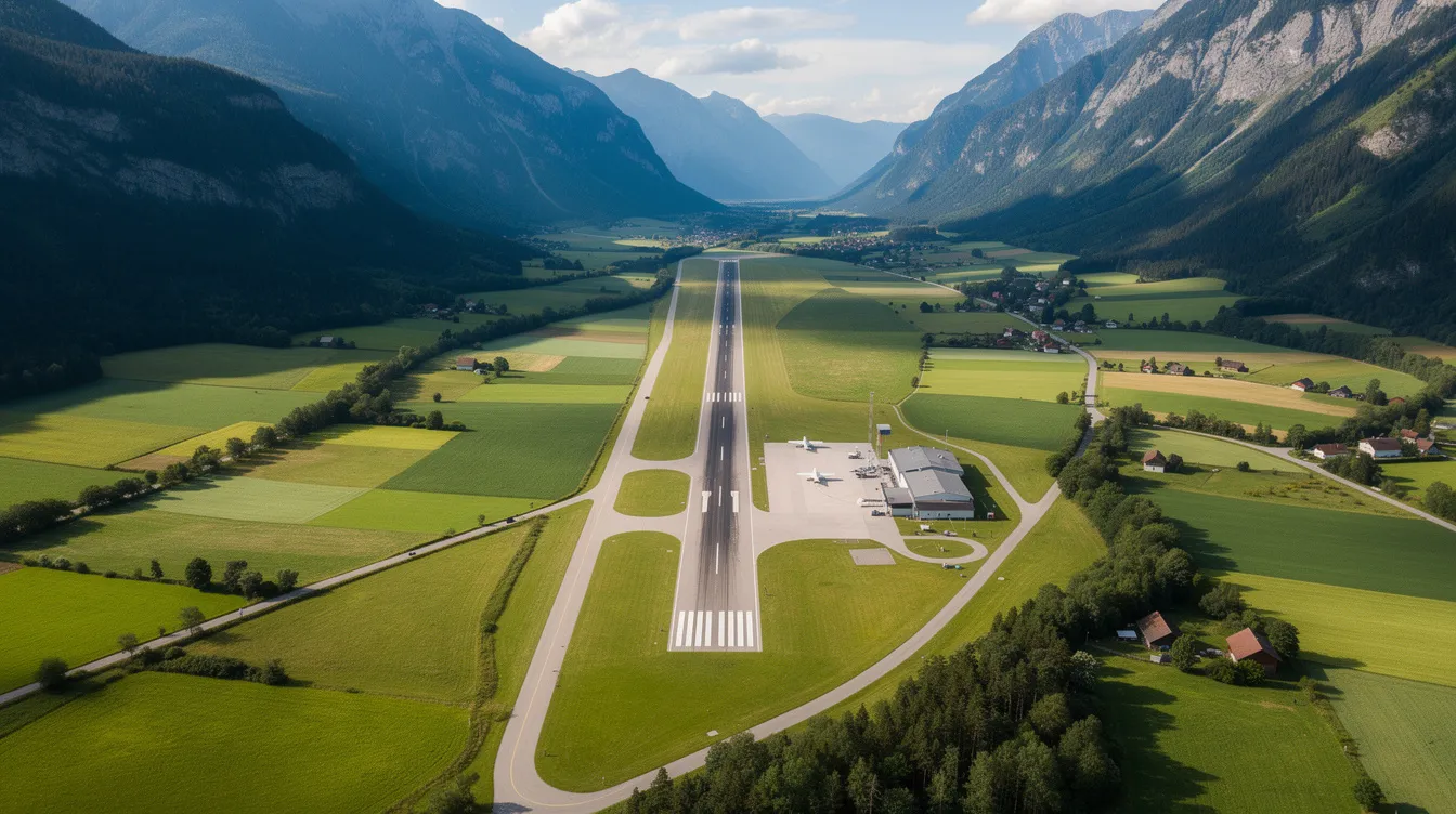An aerial view of a small regional airport runway is depicted, surrounded by lush green landscapes and majestic mountains. This scenic image captures the tranquil setting where travelers might begin their journey with airlines like Delta, highlighting the beauty of air travel amidst nature.