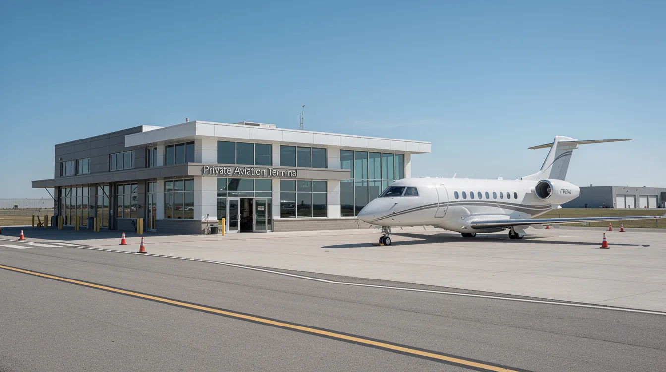 The image shows a small private aviation terminal building with a single business jet parked nearby, set against a clear blue sky on a sunny day. This scene captures the essence of private air travel, perfect for travelers looking for a luxurious flying experience.