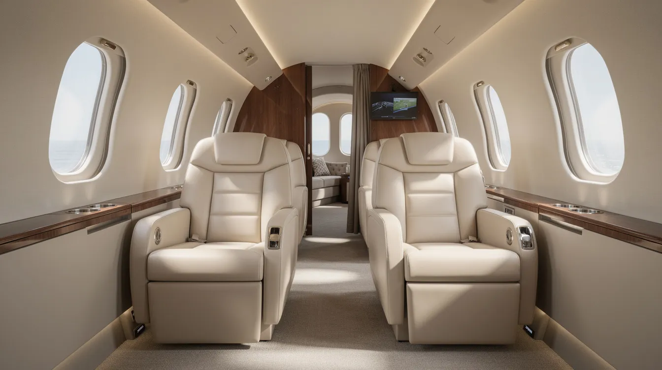 The image features a spacious private jet cabin interior, showcasing cream leather club seats and abundant natural light streaming through oval windows. This luxurious setting is ideal for travelers seeking comfort and elegance while flying, reminiscent of Delta's premium select experience.