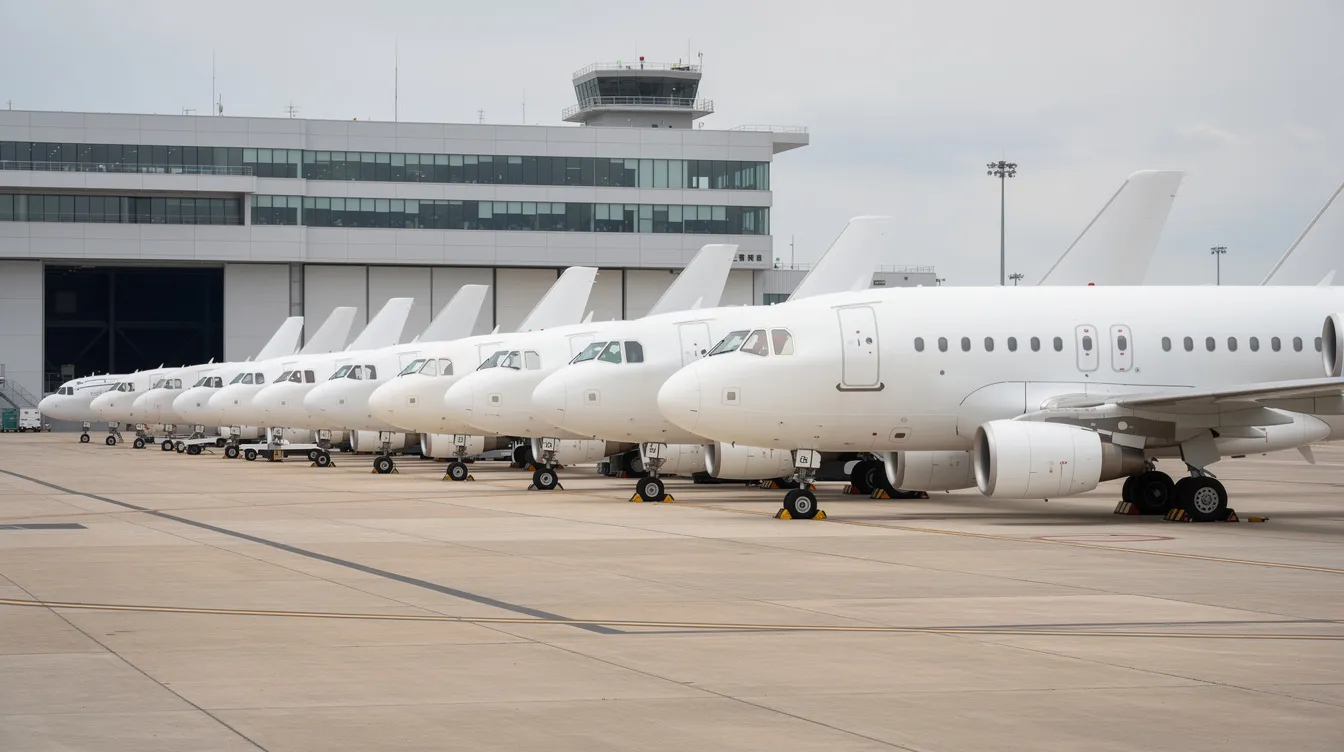 A row of newly manufactured Boeing 737 Max aircraft in white primer paint is parked on an airfield, adjacent to a large factory building, highlighting the production quality of these commercial aviation models. These planes are poised for delivery to major carriers, ready to enter service and meet the demand for efficient short haul routes.