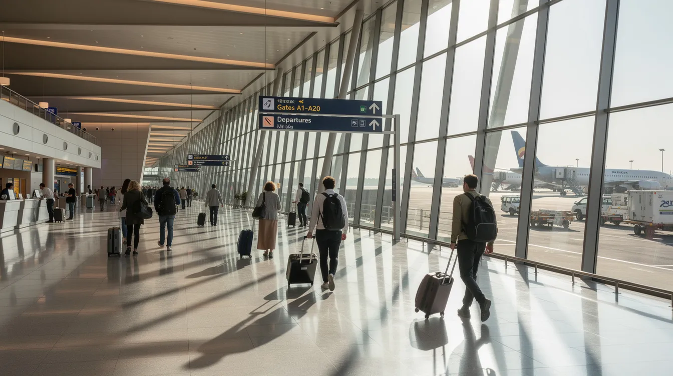 A bustling modern airport terminal features passengers walking through a bright space with large glass windows that showcase the tarmac outside. The scene reflects the vibrancy of commercial aviation, with various airlines like Ethiopian Airlines and United Airlines operating flights to meet passenger demand.