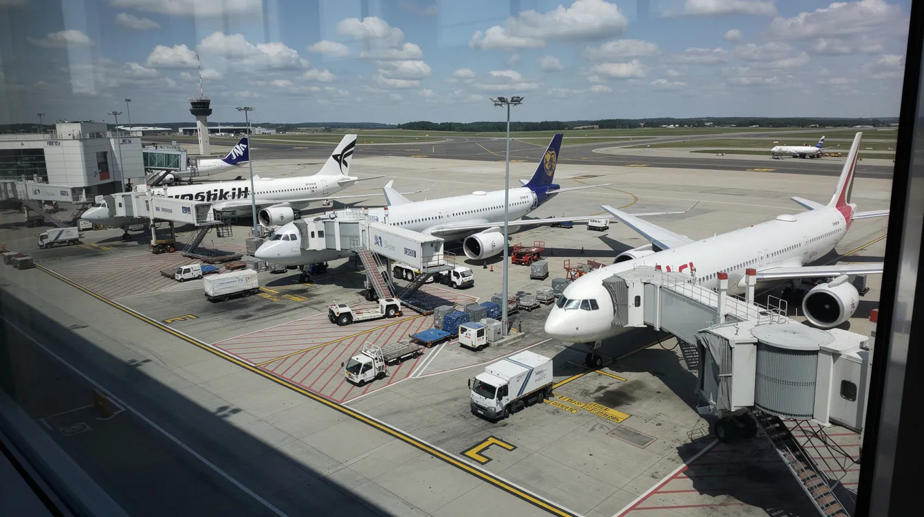 The image shows multiple commercial aircraft, including a Boeing 737 Max, parked at airport gates with jet bridges attached, viewed from an elevated terminal window. Airlines such as Ethiopian Airlines, Southwest Airlines, and United Airlines are represented, highlighting the busy atmosphere of commercial aviation.