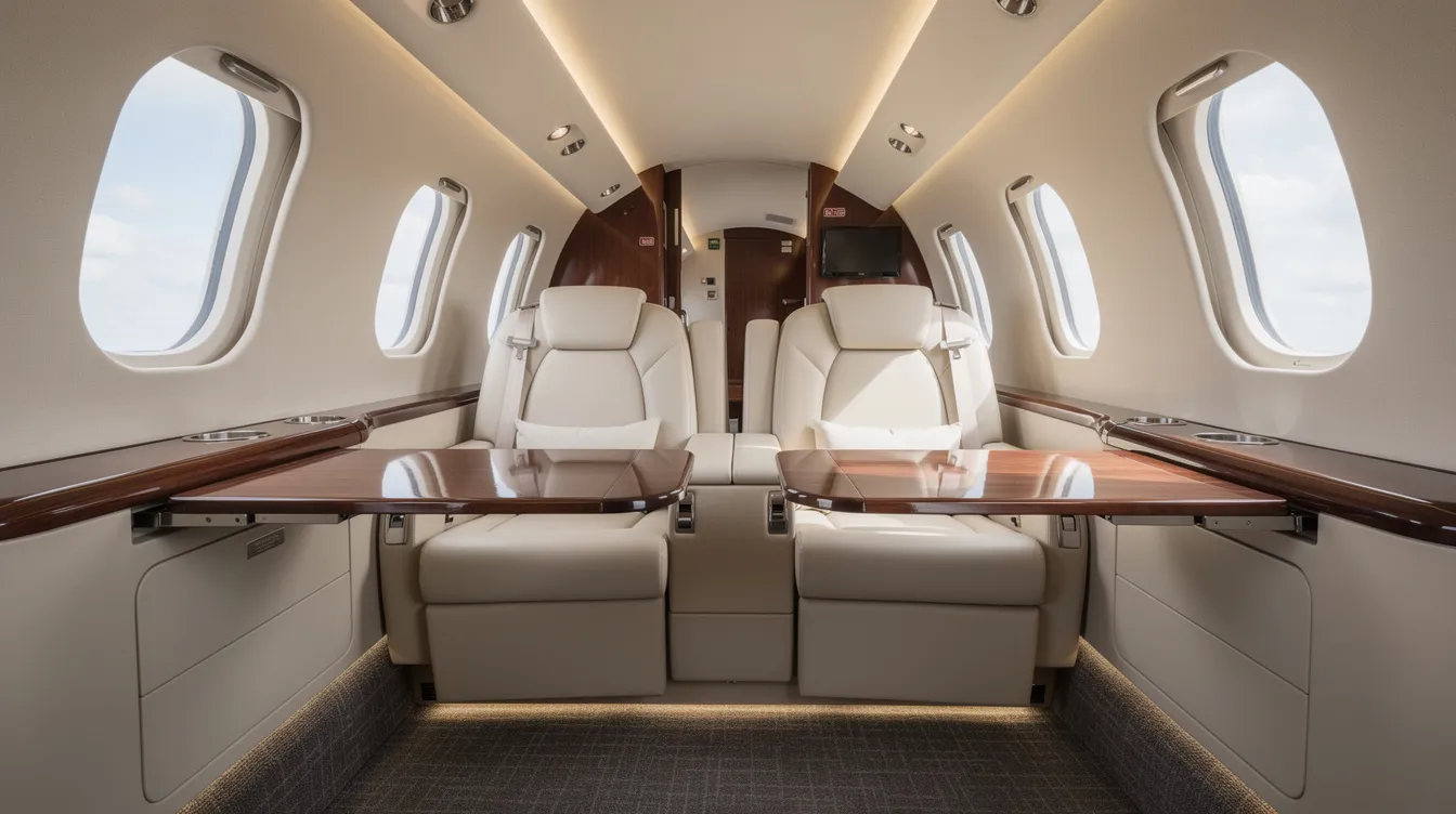 The image depicts the interior of a compact private jet cabin, featuring luxurious leather seats arranged in a club configuration, complemented by fold-out tables and large oval windows that enhance the cabin space. This elegant setting is typical of a HondaJet, known for its passenger comfort and innovative design, making it a popular choice for private jet charters.
