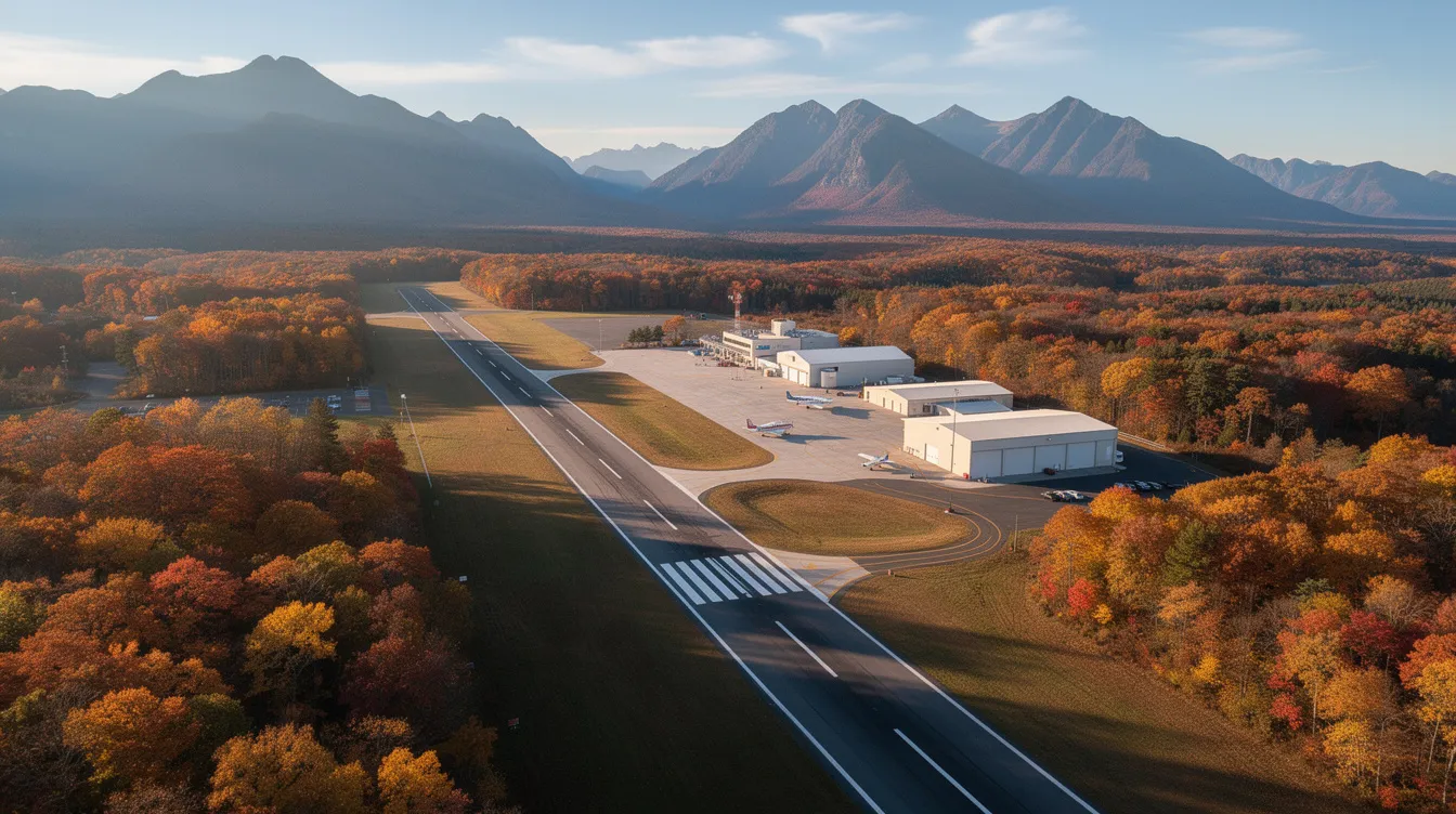 An aerial view captures a small regional airport with a single runway, surrounded by vibrant autumn-colored trees and majestic mountains in the background. This serene setting is ideal for private jet charters, showcasing the beauty and accessibility of flying with aircraft like the HondaJet, known for its fuel efficiency and passenger comfort.