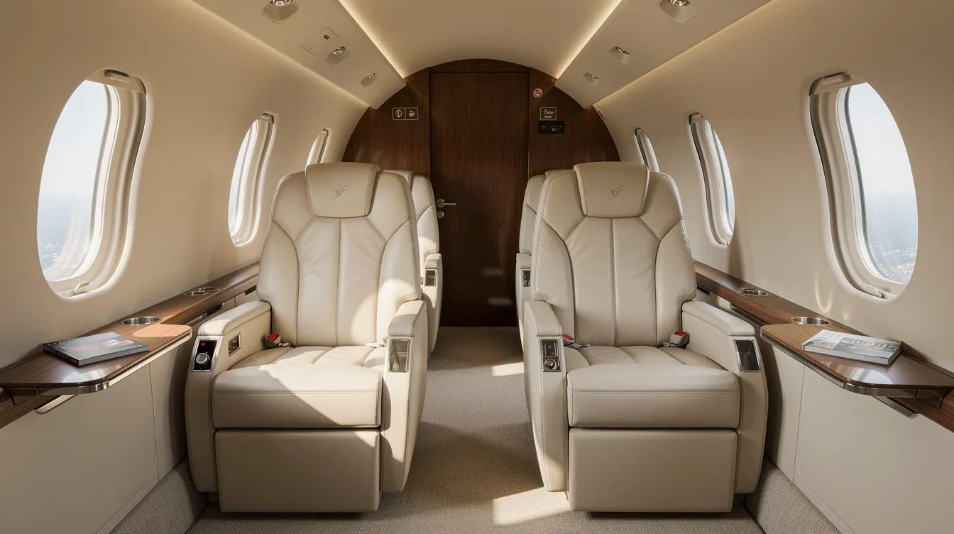 The image shows the interior of a midsize private jet cabin featuring luxurious leather seats and ample natural light streaming in through oval windows, creating a relaxing atmosphere for passengers. This private jet charter offers a comfortable space for business or leisure travel, reflecting the quality and convenience of private aviation.