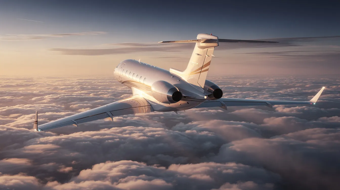 A sleek private jet ascends gracefully above the clouds during the golden hour, showcasing the luxury and elegance of private aviation. This image captures the essence of charter flights, highlighting the smooth journey that awaits passengers traveling from Indira Gandhi International Airport in New Delhi.