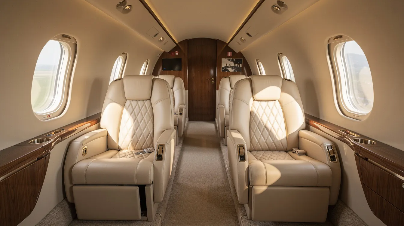 The image depicts the luxurious interior of a private jet, featuring plush leather seats bathed in natural light streaming through the windows. This serene setting highlights the comfort and elegance travelers can enjoy while flying, as they explore the best deals and prices for their next flight.