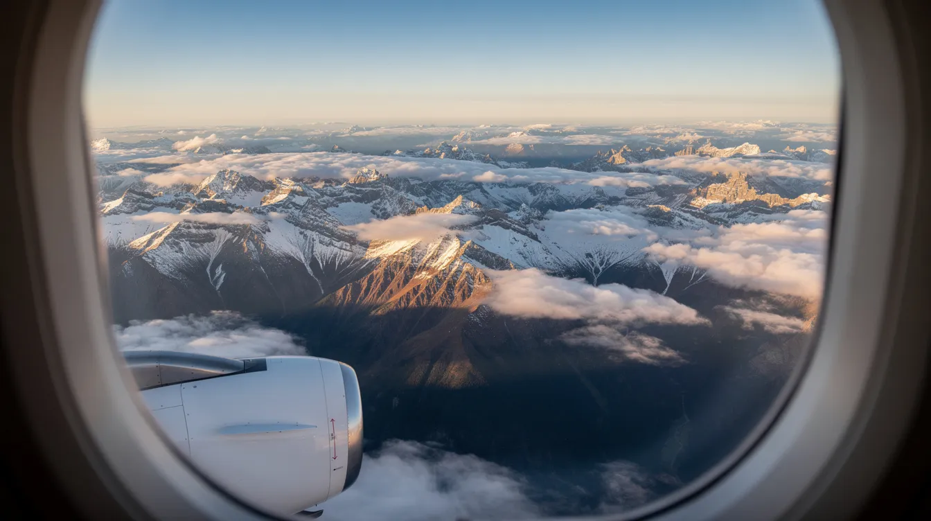 An aerial view from a private jet window captures a stunning landscape of majestic mountains blanketed by soft, fluffy clouds, showcasing the beauty that airline pilots often experience while flying. This breathtaking scene highlights the vastness of the sky and the intricate details of the terrain below, a reminder of the allure of a pilot career in the airline industry.