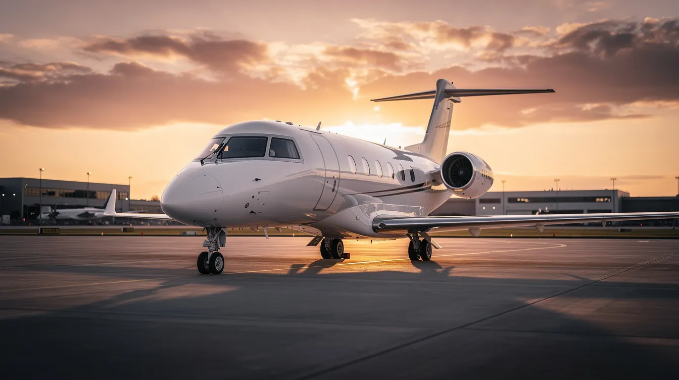 A sleek private jet is parked on a tarmac, bathed in the warm hues of sunset, showcasing the elegance of the airline industry. This scene captures the allure of flying professionally, highlighting the luxurious side of a pilot career.