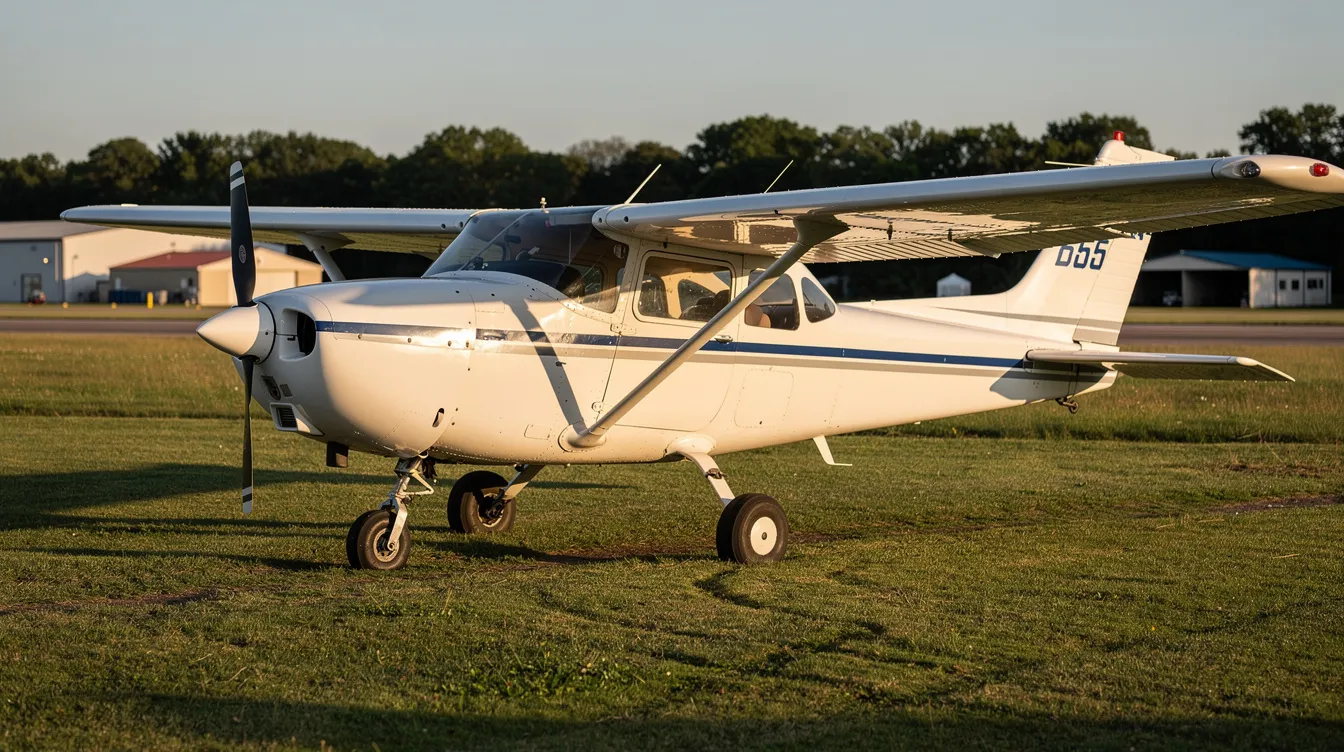A small single-engine training aircraft is parked on a grassy runway, showcasing a typical setting for flight training. This type of aircraft is often used by aspiring airline and commercial pilots to gain essential flight hours and experience.