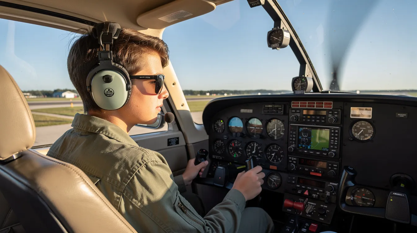 A student pilot sits confidently in the cockpit of a small Cessna aircraft on a sunny day, preparing for their first flight. The bright sunlight illuminates the cockpit, highlighting the various controls and instruments essential for aviation.