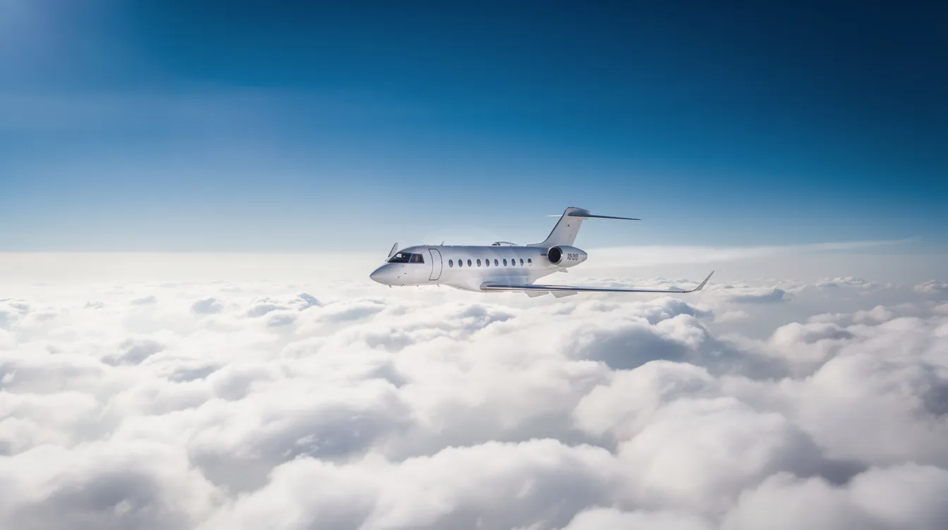A small white Cirrus Vision Jet is soaring above a fluffy layer of clouds, with a bright blue sky overhead. This innovative single-engine jet aircraft showcases its sleek design and impressive flight capabilities.