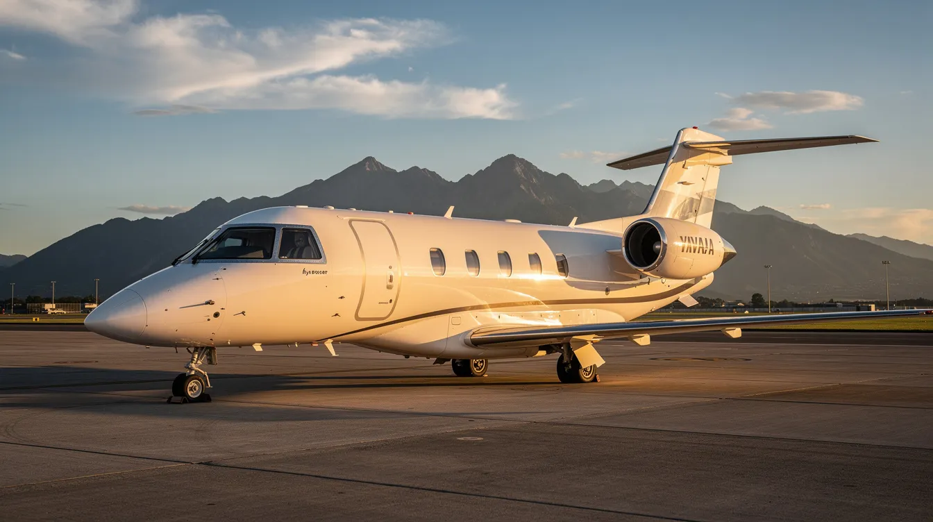 A small modern Cirrus Vision Jet is parked on a sunlit airport ramp, with majestic mountains in the background. This innovative single-engine jet aircraft features a sleek design, emphasizing safety and performance, including the Cirrus Airframe Parachute System for added security during flight.