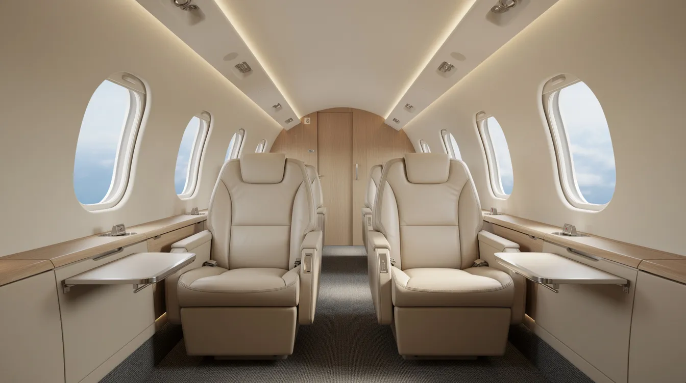 The image depicts the interior of a modern Cirrus Vision Jet cabin, featuring plush beige leather seats arranged for six adults and large oval windows that provide ample natural light. This sleek and innovative single-engine jet aircraft emphasizes comfort and safety, showcasing advanced avionics and a spacious cabin design.