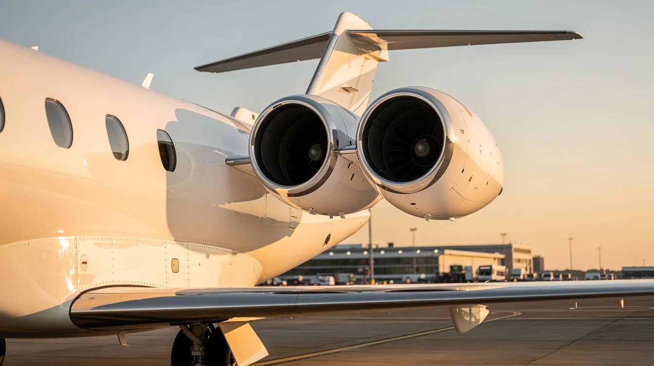 A close-up view of the twin jet engines mounted above the wing of a HondaJet Elite II, showcasing its advanced engine placement design on the tarmac. This light business jet highlights the aircraft's focus on fuel efficiency and performance in private aviation.